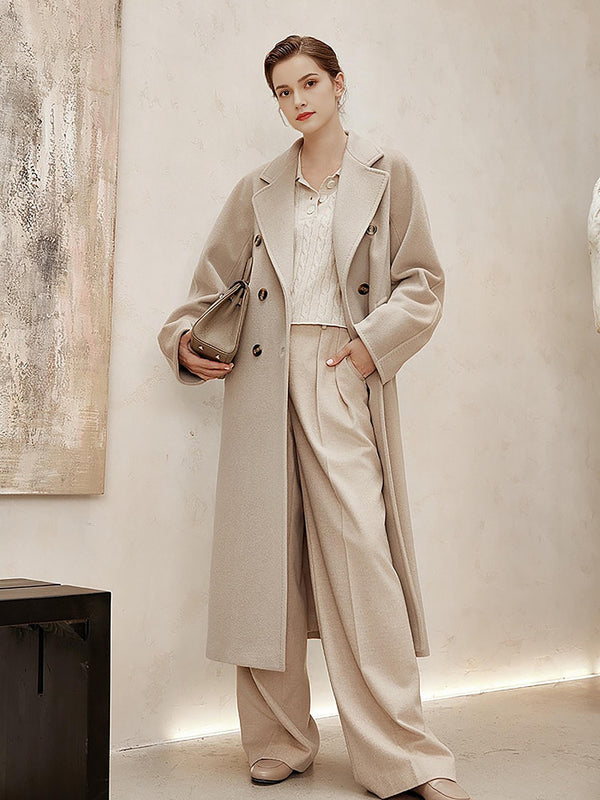 Beige Wool Cashmere Double Breasted Longline Coat