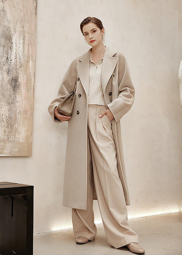 Beige Wool Cashmere Double Breasted Longline Coat