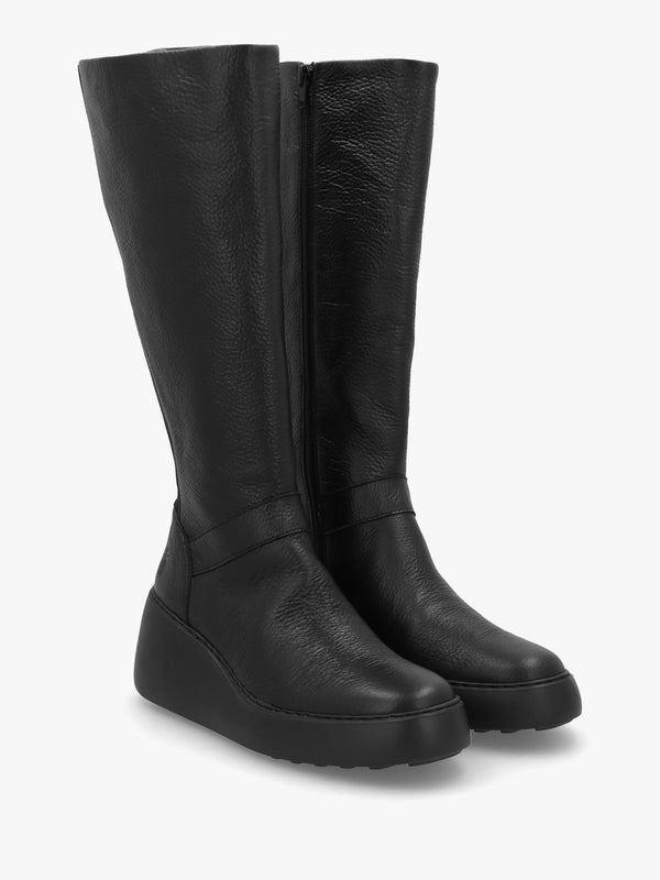 Dova Black Full Grain Leather Wedge Knee Boots