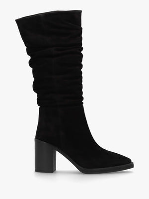Astrid Black Suede Rouched Block Heel Knee Boots