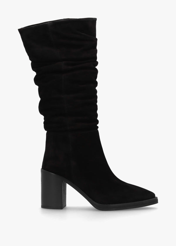 Astrid Black Suede Rouched Block Heel Knee Boots