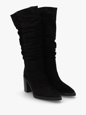 Astrid Black Suede Rouched Block Heel Knee Boots
