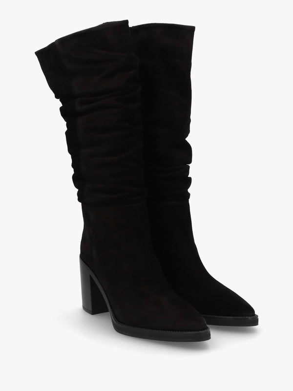 Astrid Black Suede Rouched Block Heel Knee Boots