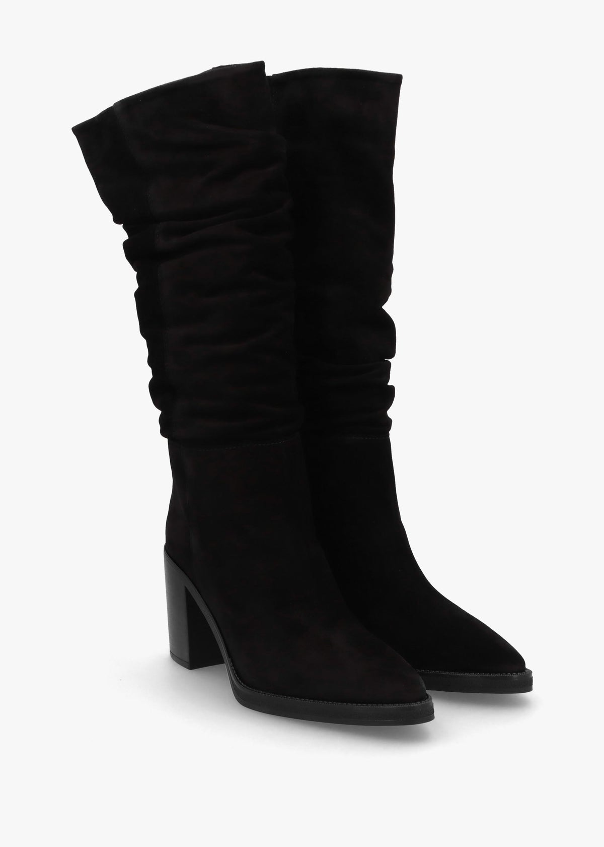 Astrid Black Suede Rouched Block Heel Knee Boots