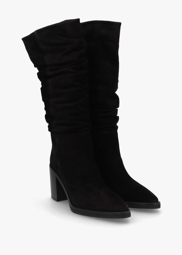Astrid Black Suede Rouched Block Heel Knee Boots