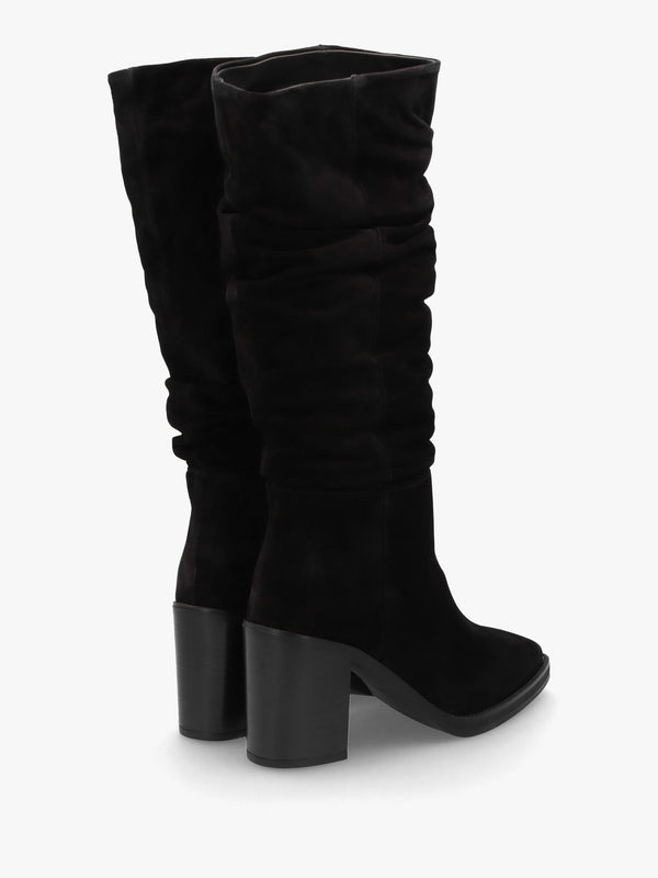 Astrid Black Suede Rouched Block Heel Knee Boots