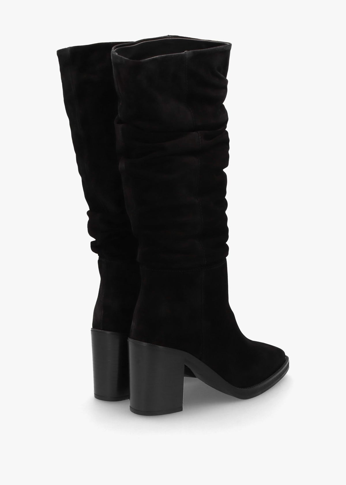 Astrid Black Suede Rouched Block Heel Knee Boots