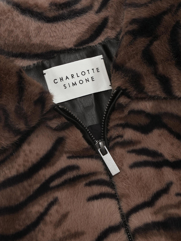 Ginger Brown Tiger Faux Fur Bomber Jackets