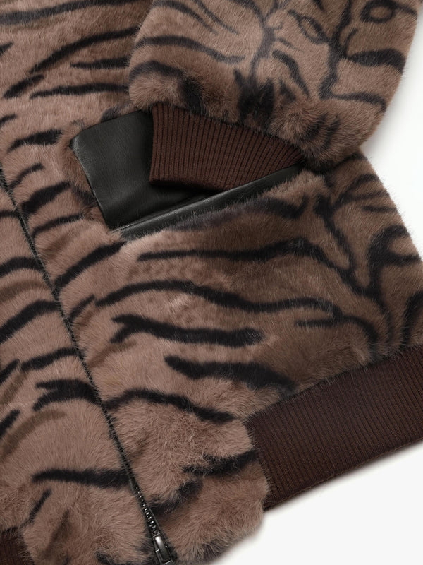 Ginger Brown Tiger Faux Fur Bomber Jackets