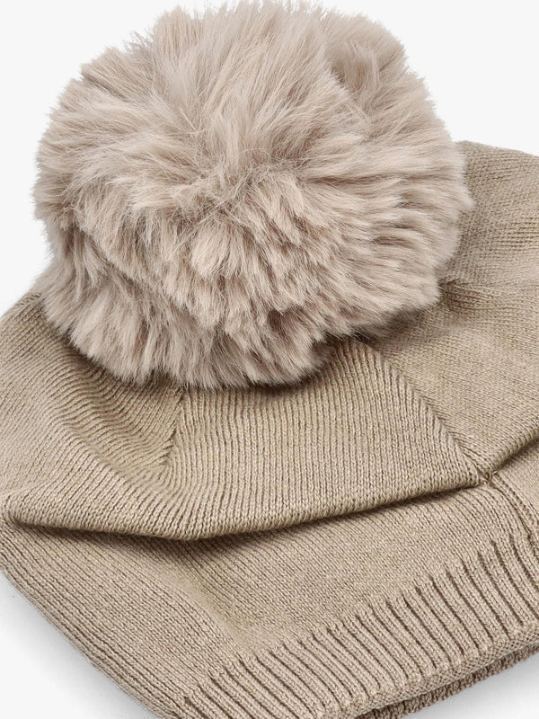 Beige Slouchy Knitted Pom Pom Hat