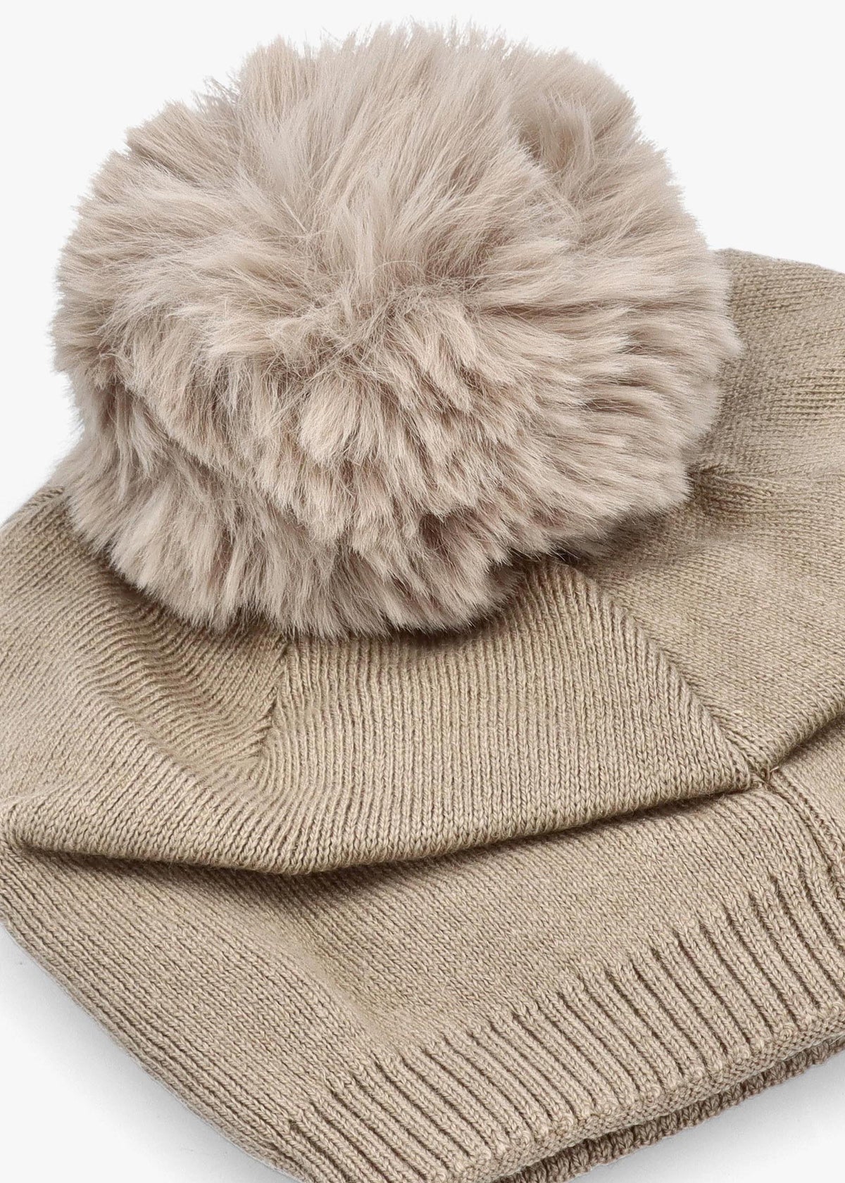 Beige Slouchy Knitted Pom Pom Hat