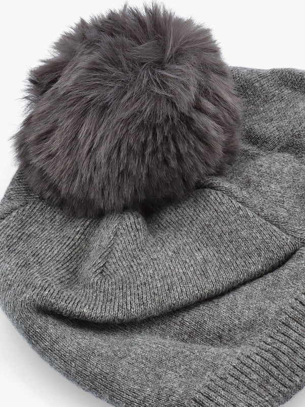Grey Slouchy Knitted Pom Pom Hat