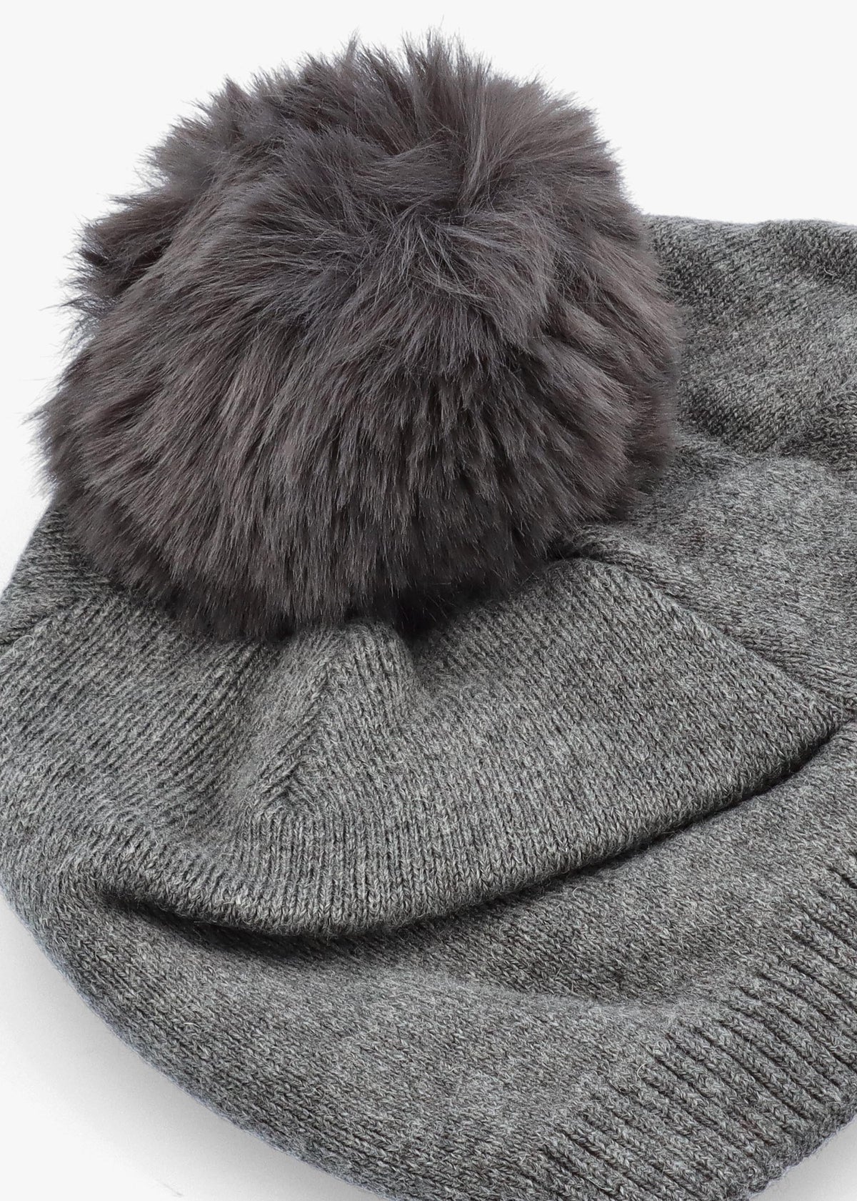 Grey Slouchy Knitted Pom Pom Hat