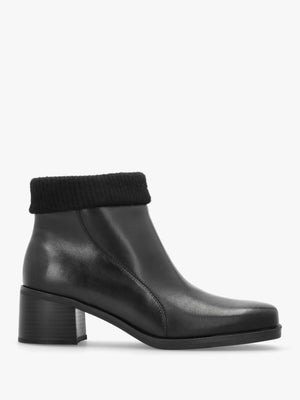 Black Leather Rib Knit Block Heel Ankle Boots