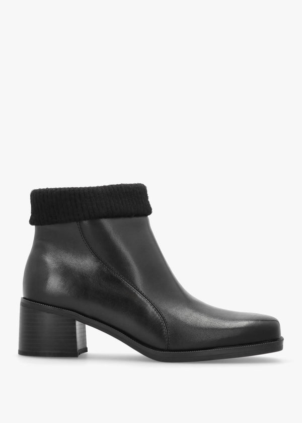 Black Leather Rib Knit Block Heel Ankle Boots
