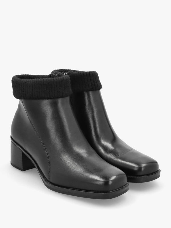 Black Leather Rib Knit Block Heel Ankle Boots