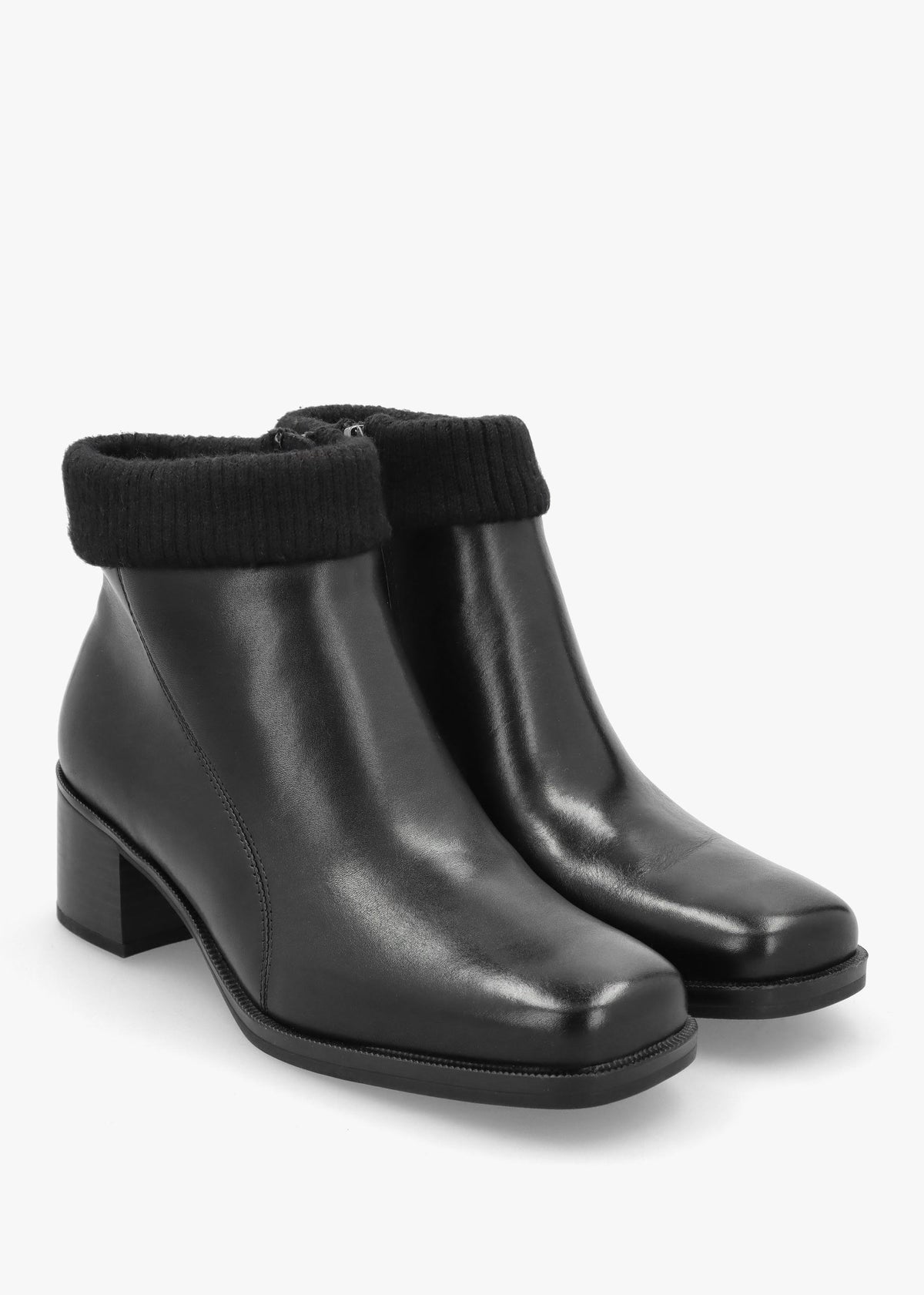 Black Leather Rib Knit Block Heel Ankle Boots