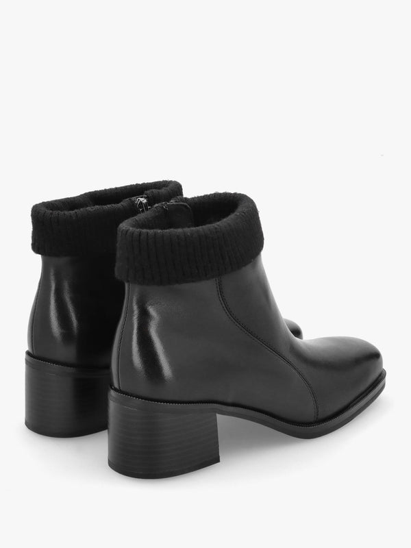 Black Leather Rib Knit Block Heel Ankle Boots