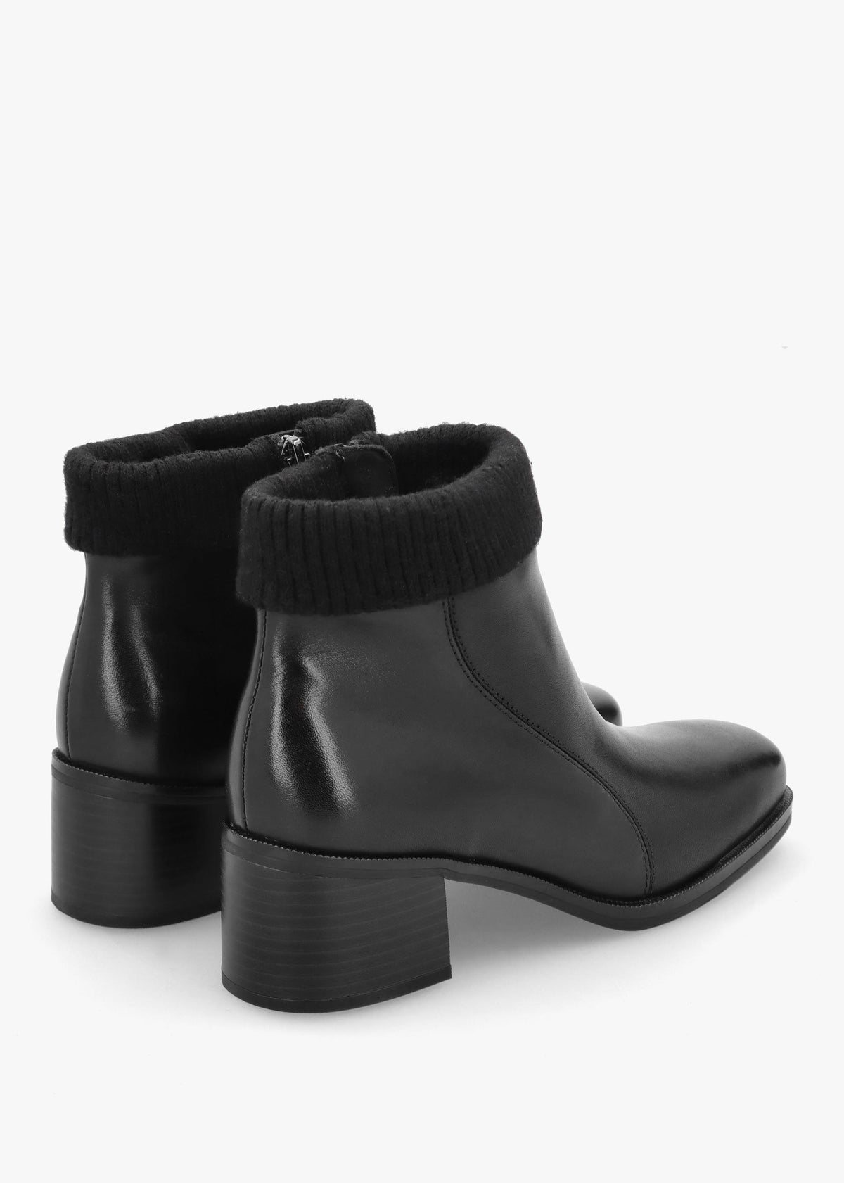 Black Leather Rib Knit Block Heel Ankle Boots