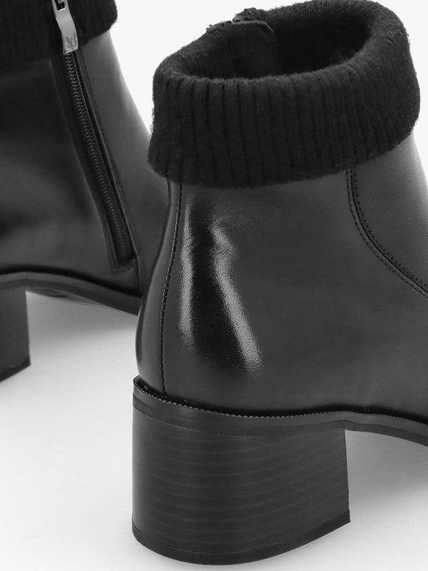 Black Leather Rib Knit Block Heel Ankle Boots