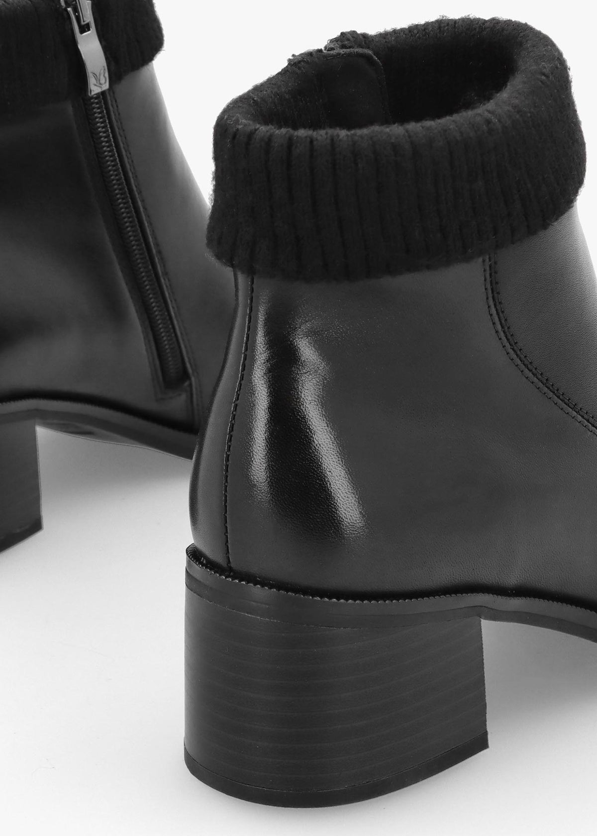 Black Leather Rib Knit Block Heel Ankle Boots