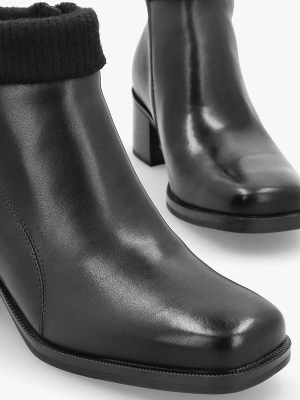 Black Leather Rib Knit Block Heel Ankle Boots