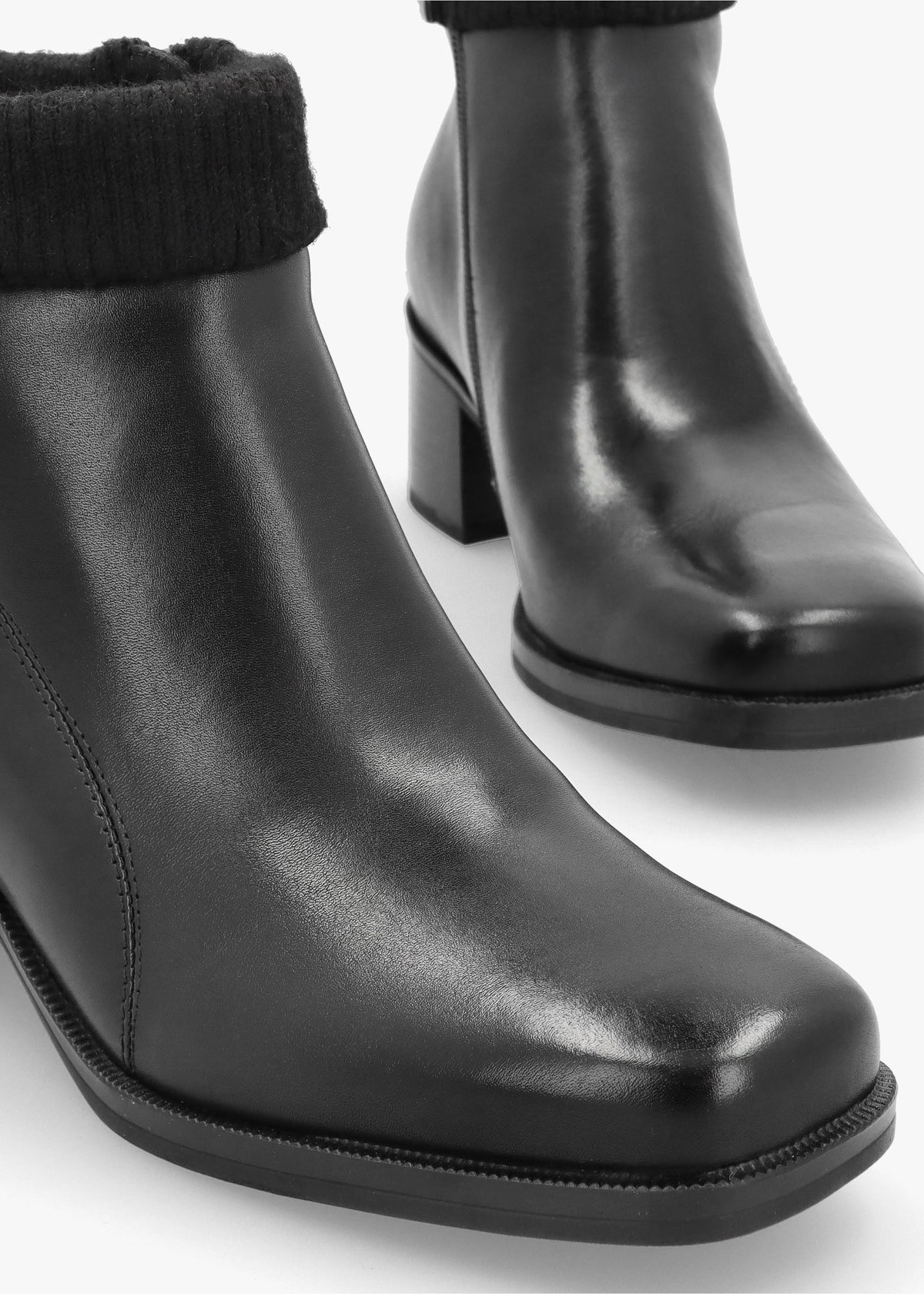 Black Leather Rib Knit Block Heel Ankle Boots