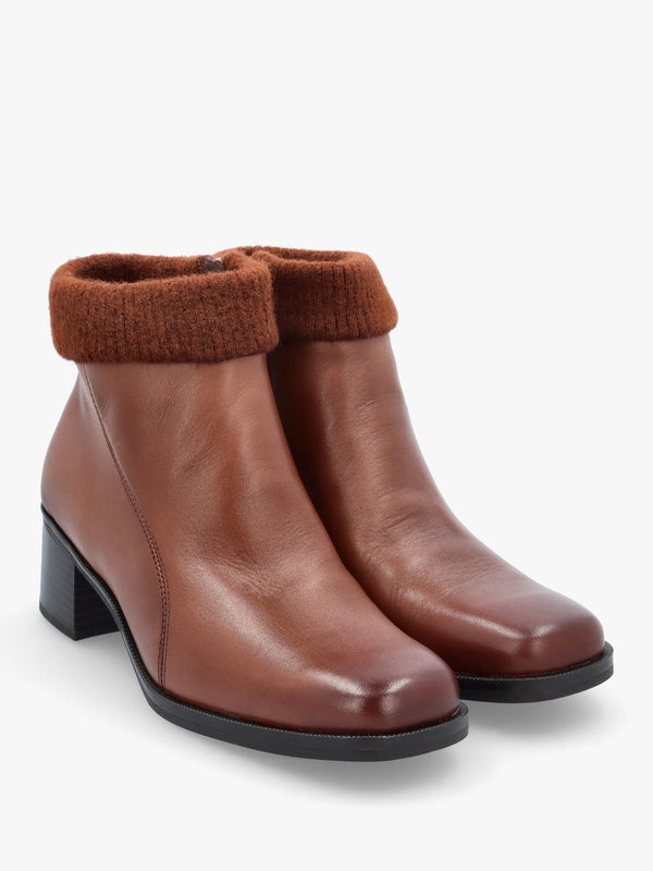Tan Leather Rib Knit Block Heel Ankle Boots