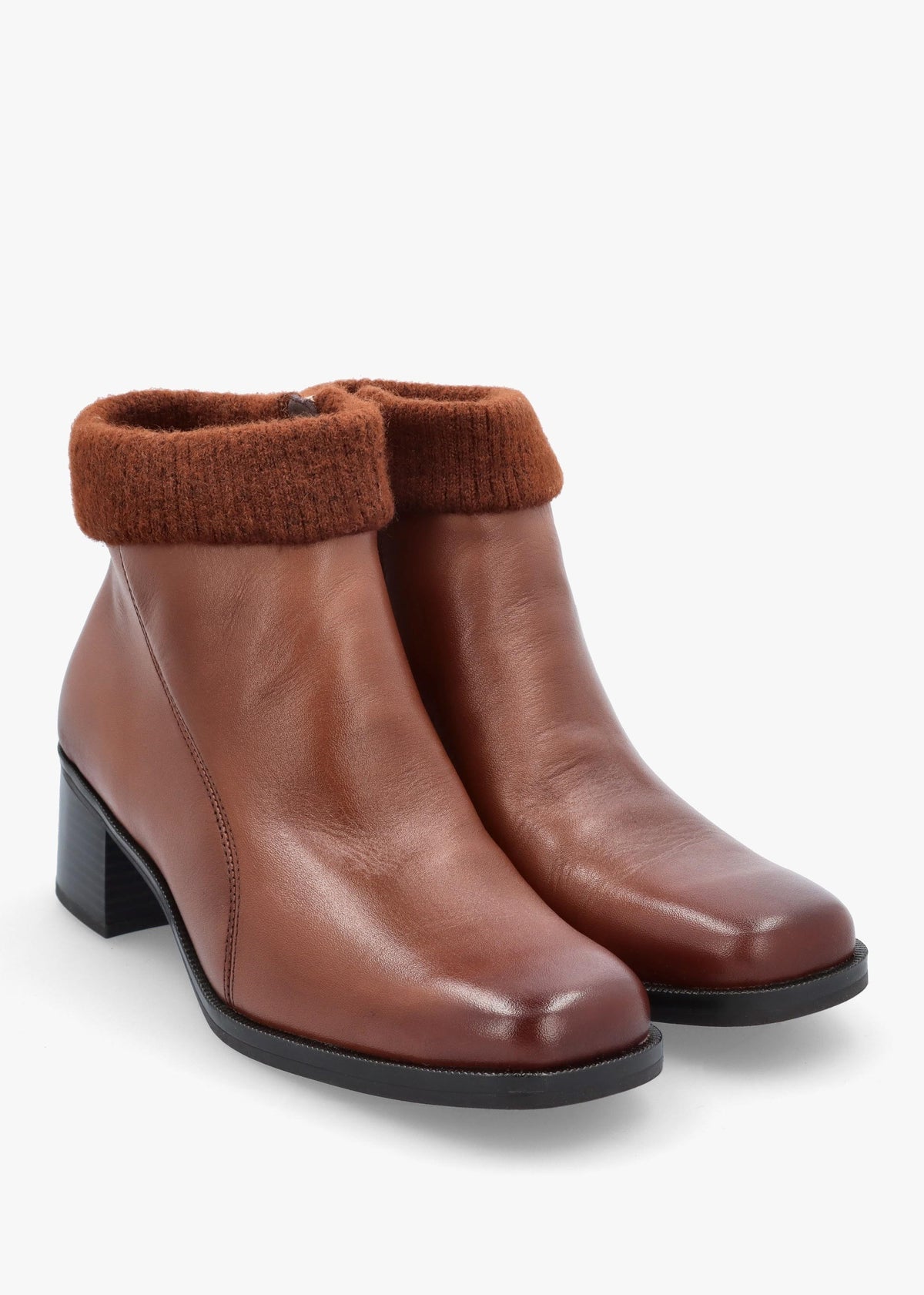 Tan Leather Rib Knit Block Heel Ankle Boots