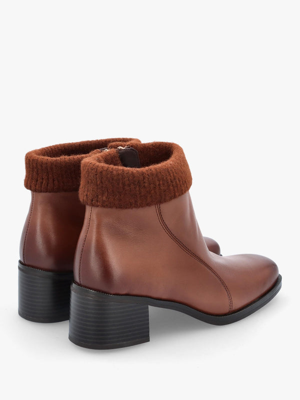 Tan Leather Rib Knit Block Heel Ankle Boots
