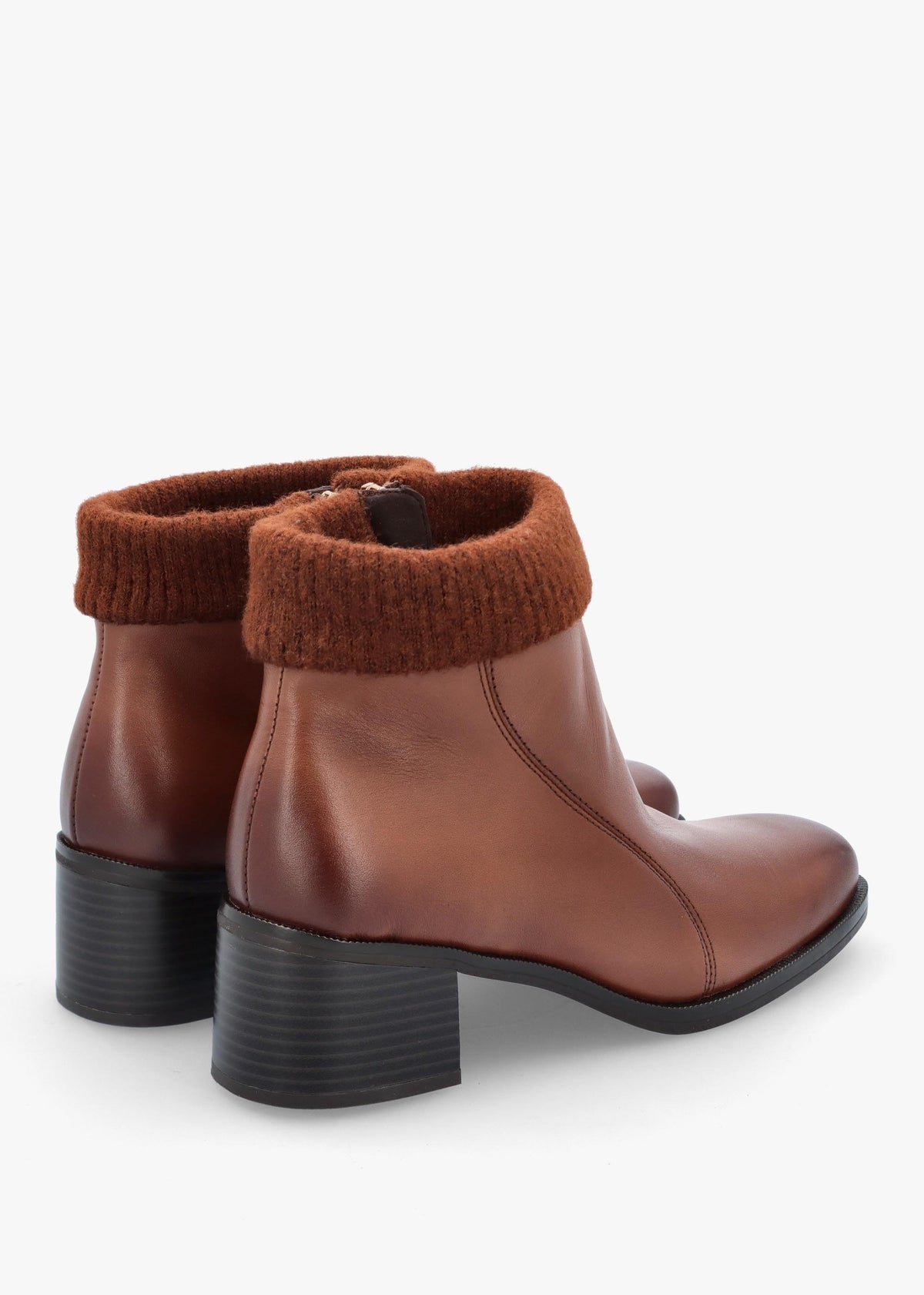 Tan Leather Rib Knit Block Heel Ankle Boots