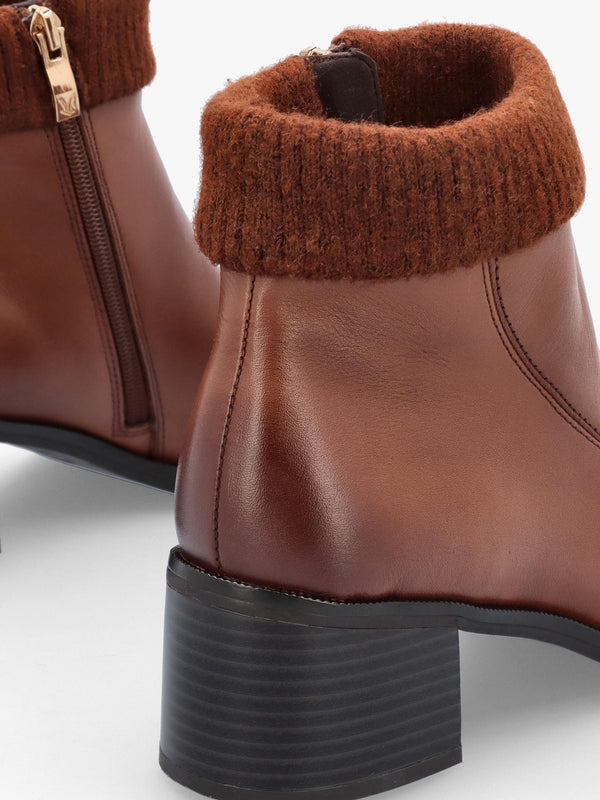 Tan Leather Rib Knit Block Heel Ankle Boots