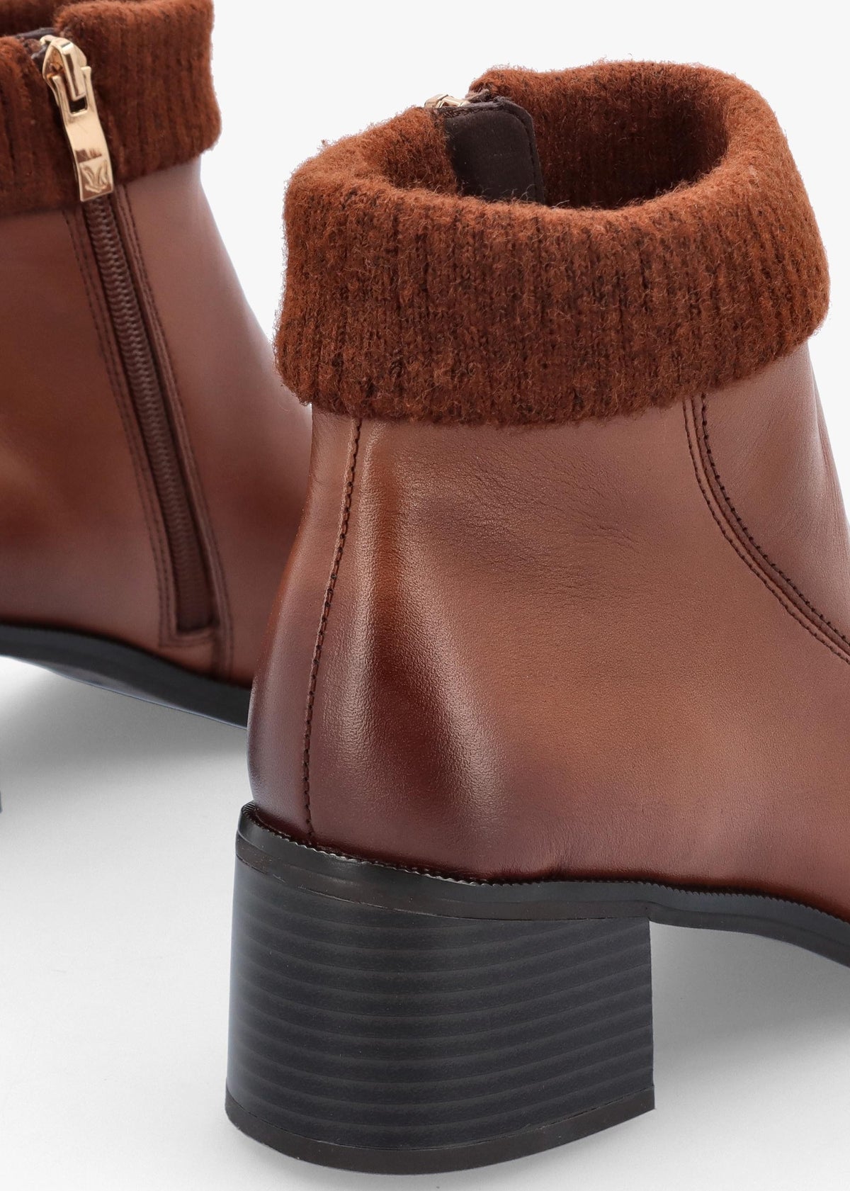 Tan Leather Rib Knit Block Heel Ankle Boots