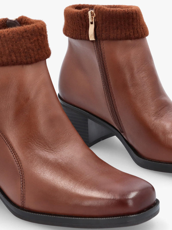 Tan Leather Rib Knit Block Heel Ankle Boots