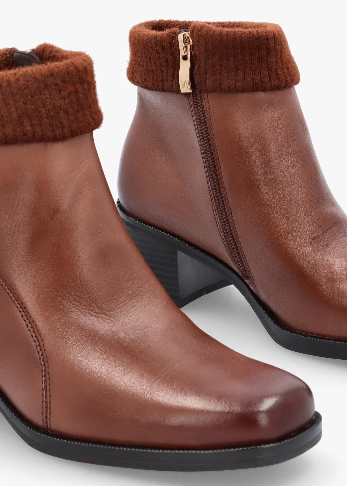 Tan Leather Rib Knit Block Heel Ankle Boots