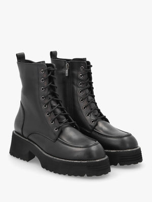 Virtus Black Leather Glitter Trim Ankle Boots