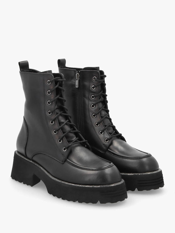 Virtus Black Leather Glitter Trim Ankle Boots
