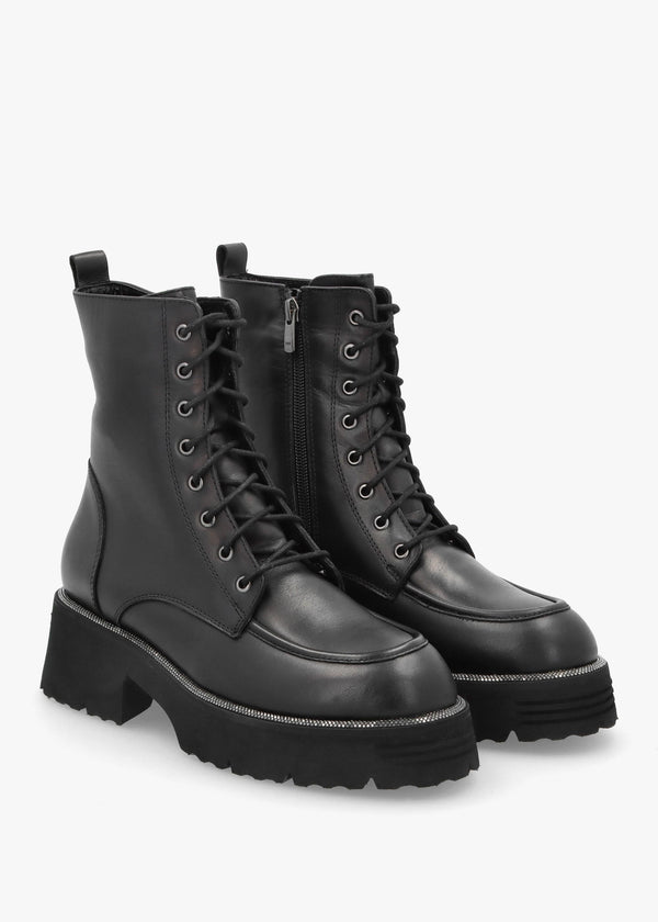 Virtus Black Leather Glitter Trim Ankle Boots