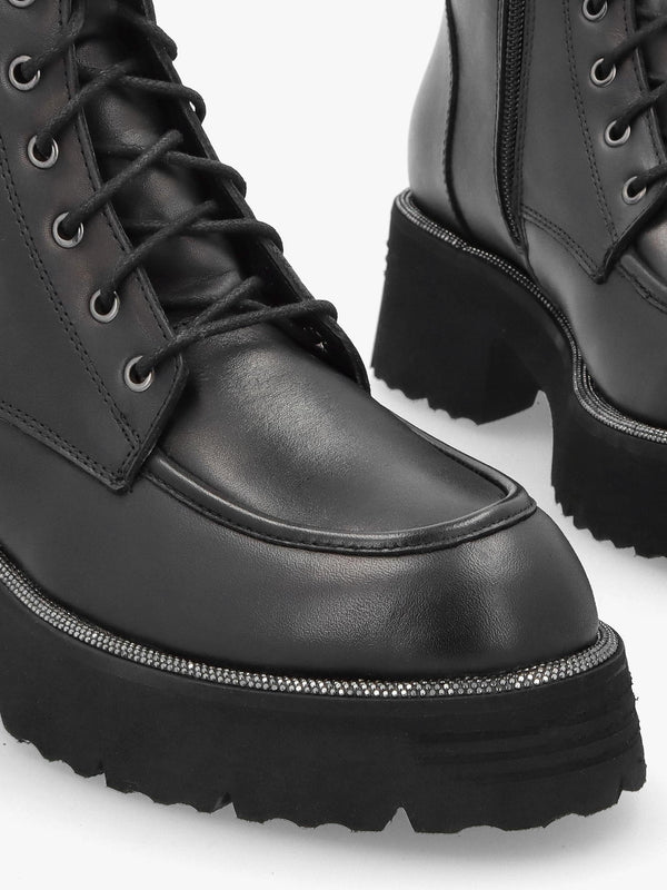 Virtus Black Leather Glitter Trim Ankle Boots