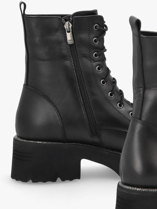 Virtus Black Leather Glitter Trim Ankle Boots