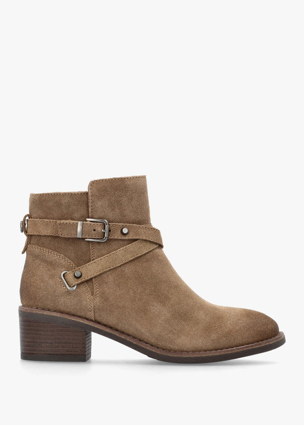Orlena Taupe Suede Cross Strap Ankle Boots