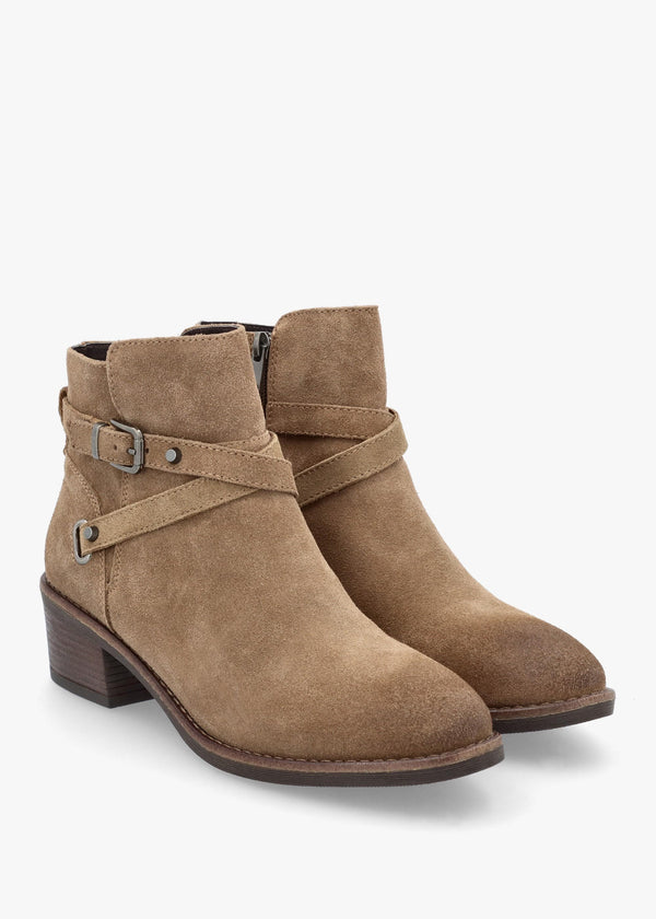Orlena Taupe Suede Cross Strap Ankle Boots