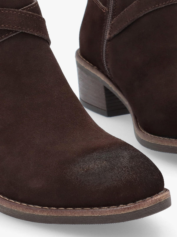 Orlena Brown Suede Cross Strap Ankle Boots