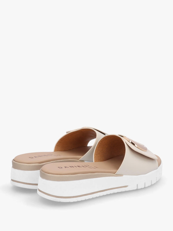 Romoon Beige Leather Circle Moon Mules