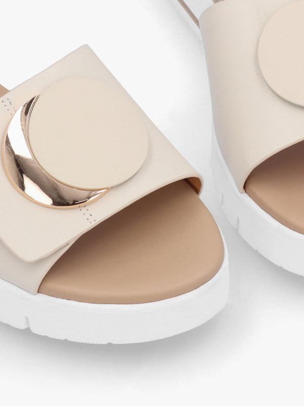 Romoon Beige Leather Circle Moon Mules