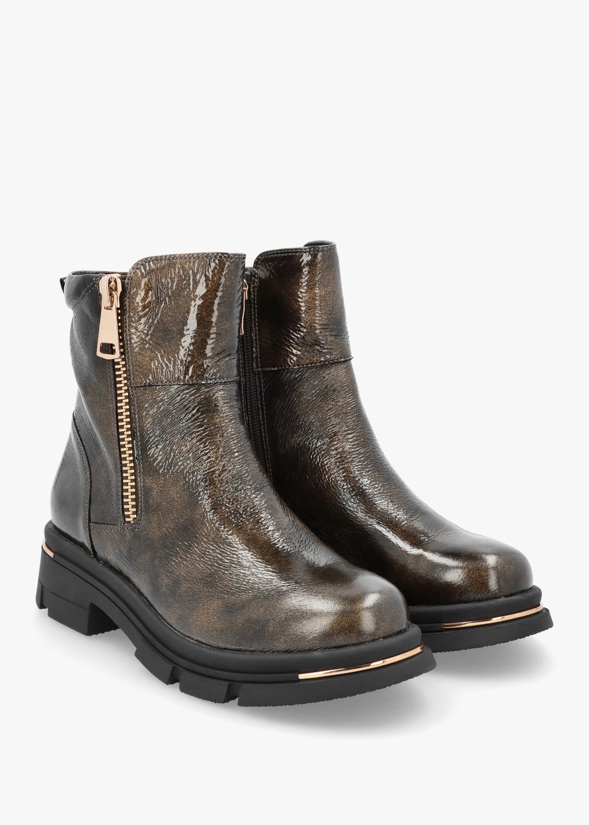 Rust Patent Leather Side Zip Ankle Boots
