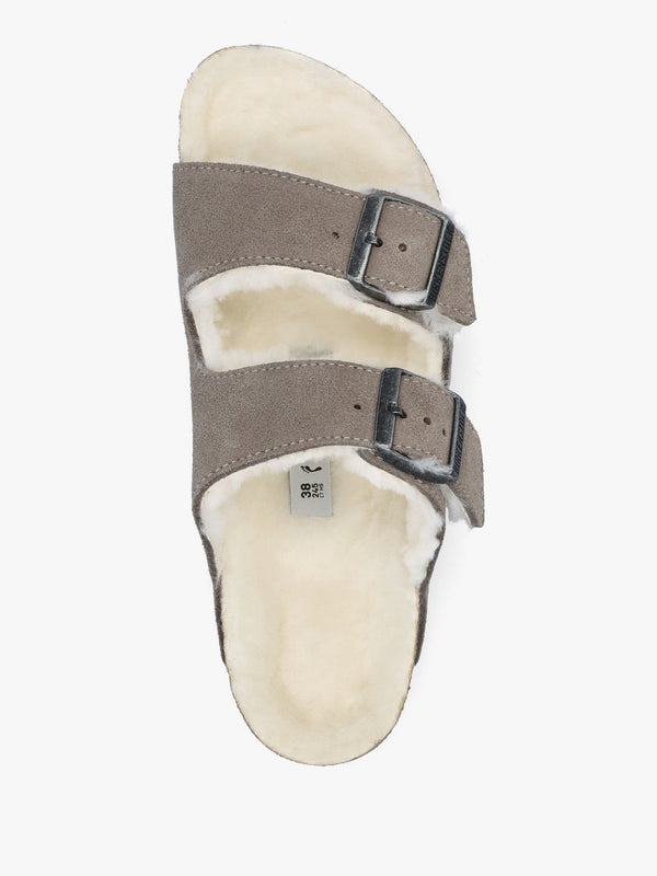 Arizona Shearling Stone Coin Suede Two Bar Mules