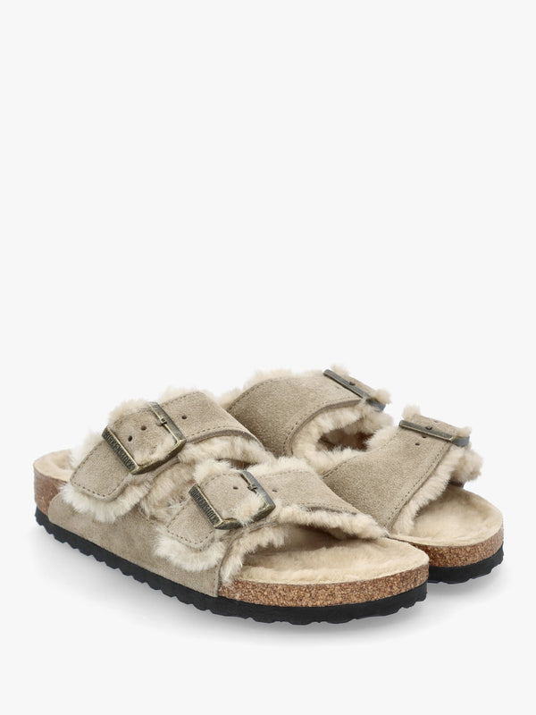 Arizona Shearling Taupe Suede Two Bar Mules