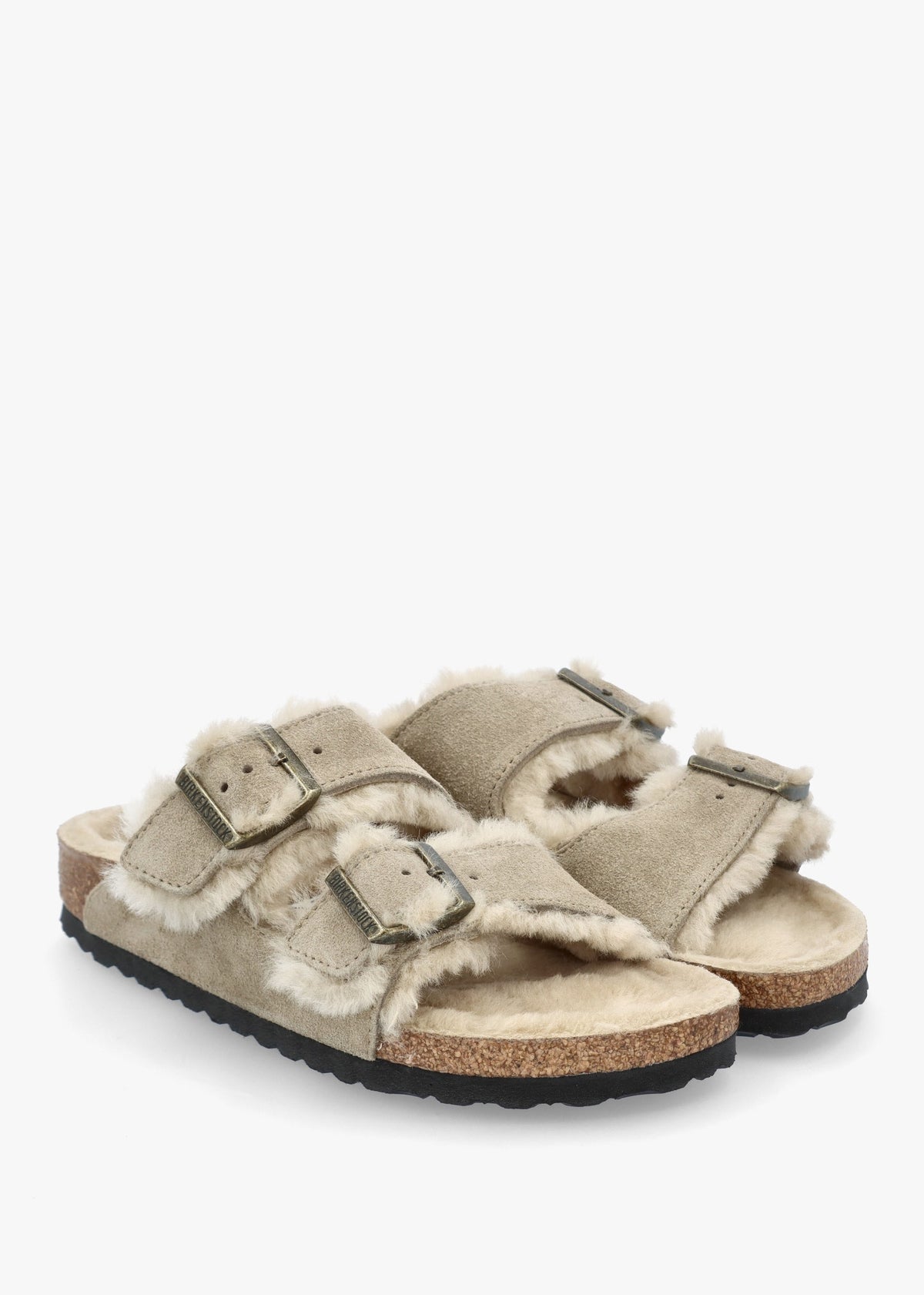 Arizona Shearling Taupe Suede Two Bar Mules