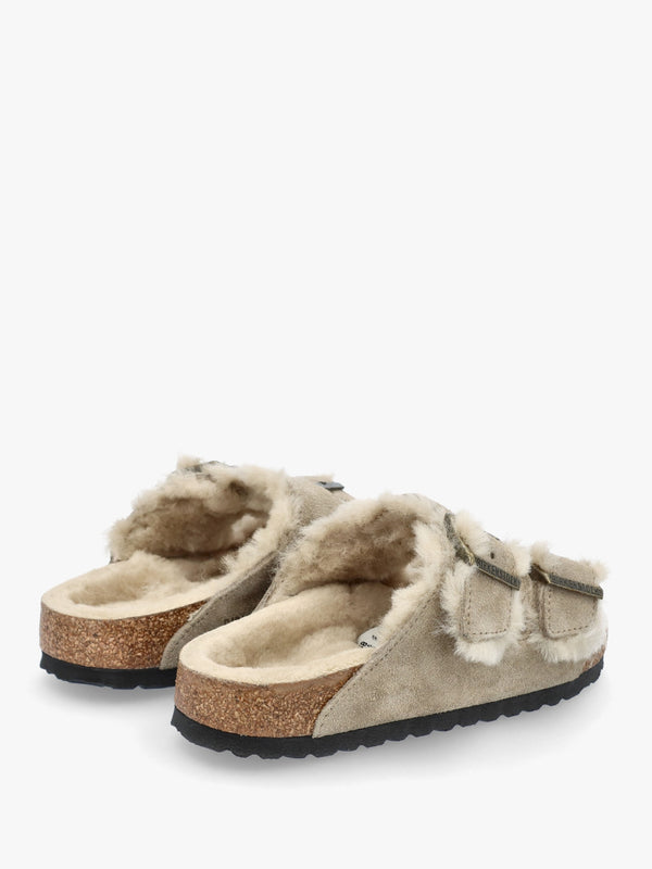 Arizona Shearling Taupe Suede Two Bar Mules